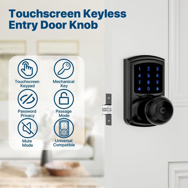 HIDALIFE Keyless Entry Door Lock with Code  Keypad Door Lock with Handle  Touchscreen Door Knob with Keypad  Electronic Door Lock for Front Door Garage Bedroom Home  Auto-Lock  Matte Black - Image 2